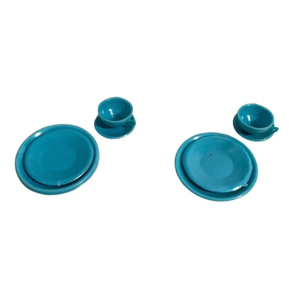 Vtg Miniature Marx Little Hostess Blue Plastic Teacups Plates Dollhouse Dish Set